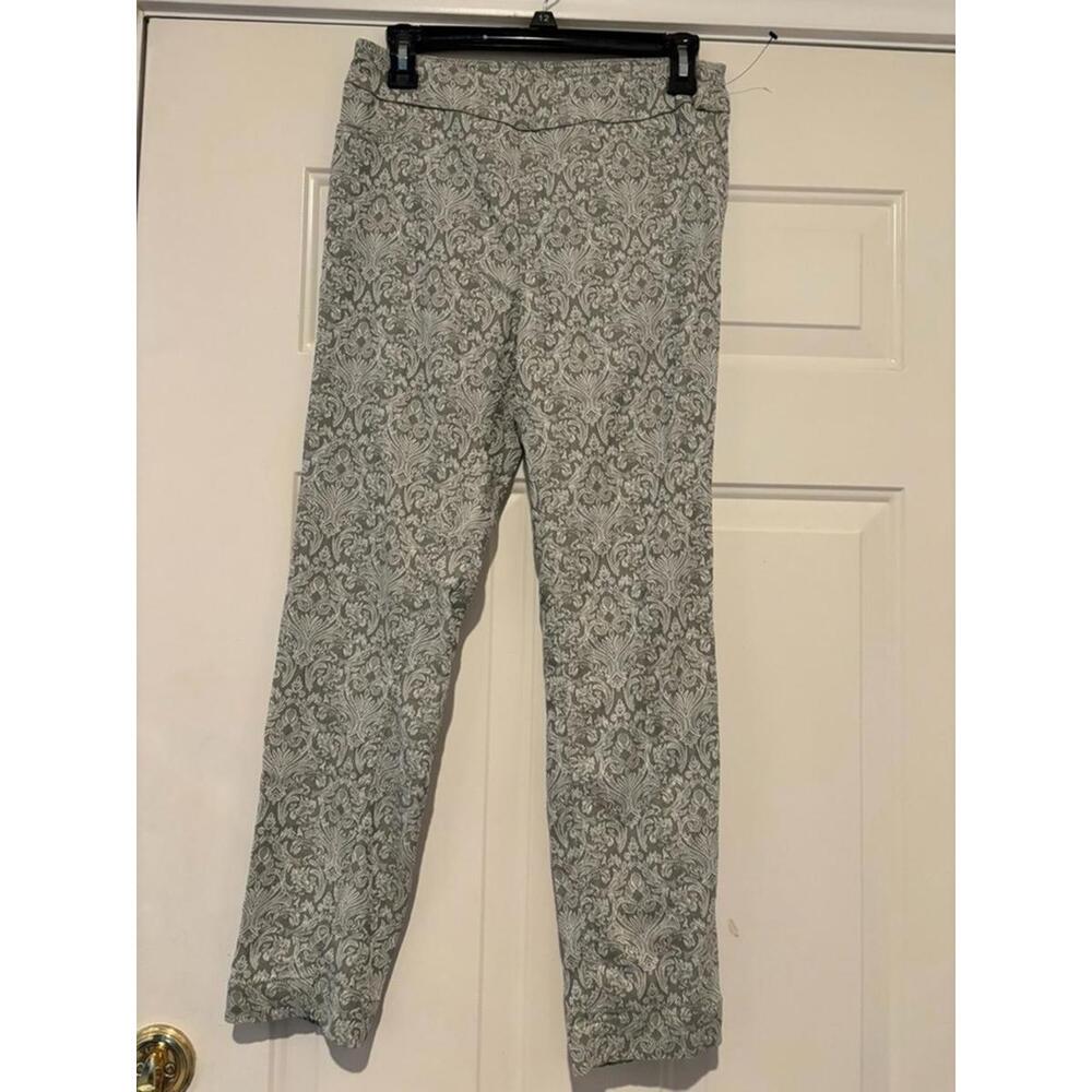 Women's sz S Soft Surroundings stretch pants green w/ white floral designs #1258